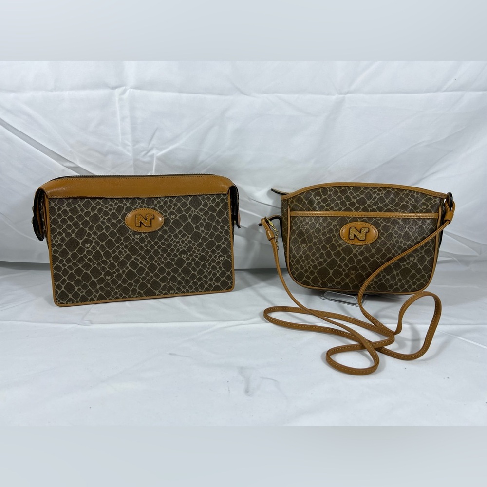 4042: Vintage Nina Ricci Maroquinerie Monogram Crossbody Bag Set Brown Tan